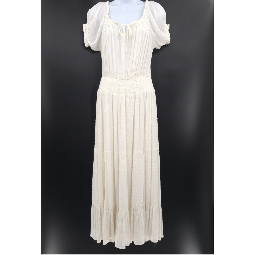 Pomesa Swiss Dot Maxi Dress Womens Medium Cream Boho Smocked Tiered Peasant